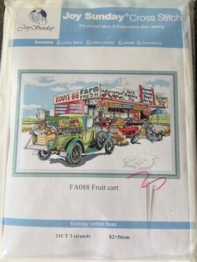 Fruit Cart Summer Pre-Printed Joy Sunday Cross Stitch Kit 11ct Aida - NEW